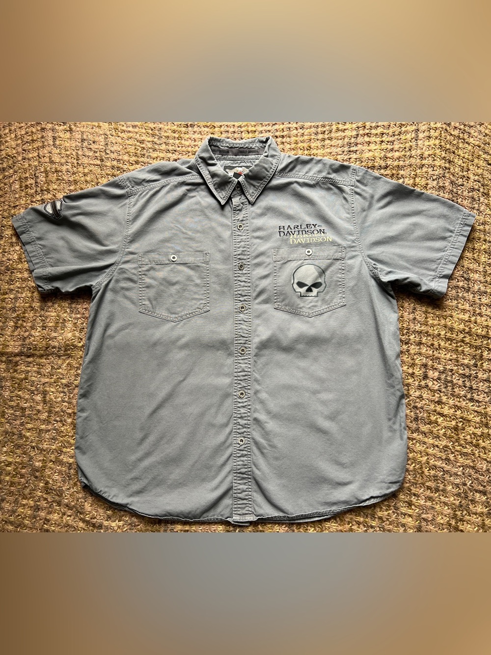 Men's XL Button Down Short Gray Solid Willie G Skull Mechanics Shirt Harley
